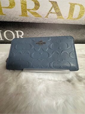 Coach Embossed Leather Signature Zip Wallet in Slate Blue